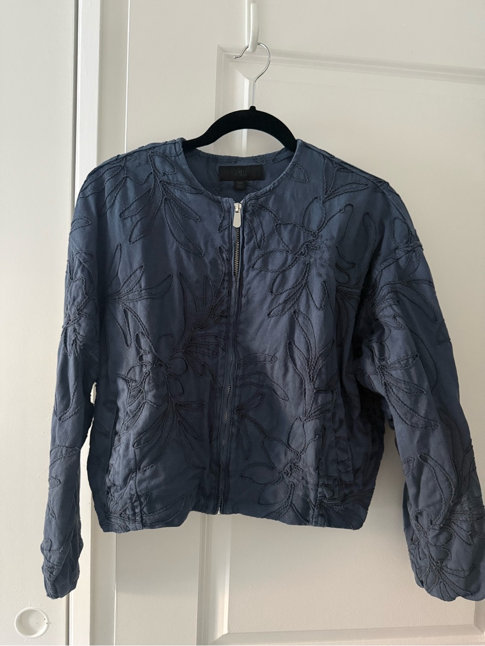 Zara Navy Embroidered Bomber Jacket